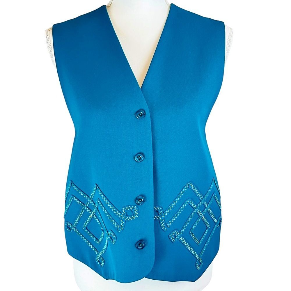 Vintage I B DIFFUSION French Blue‎ Wool Vest Button Front 8 Zig Zag Ribbon